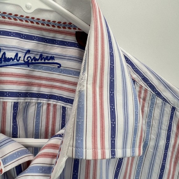 Robert Graham Blue Purple Striped Button Up Shirt Embroidered Cuffs Sz 39/15.5 - Picture 7 of 12